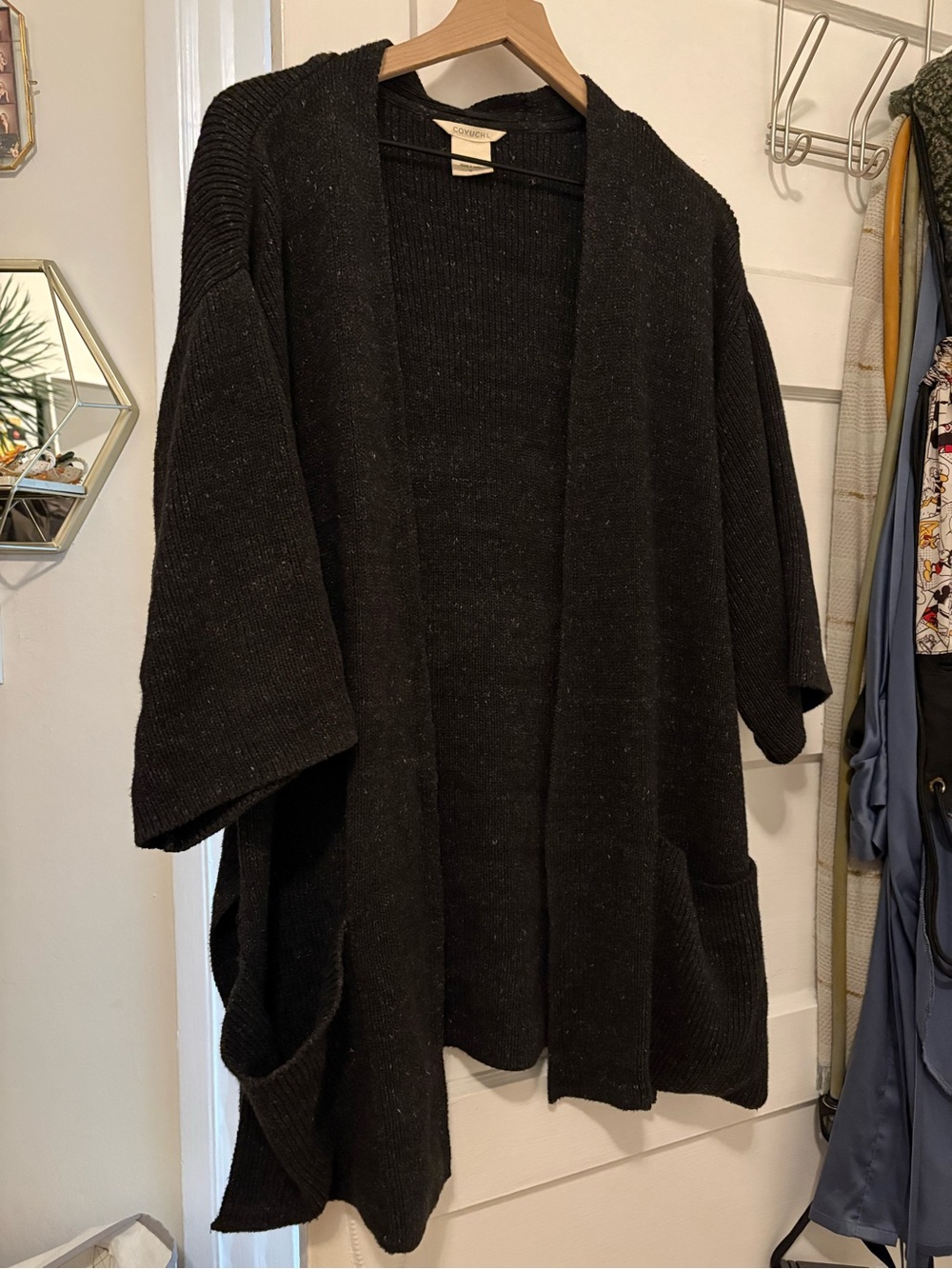 Coyuchi Black Open-Front Knit Kimono Cardigan with Pockets